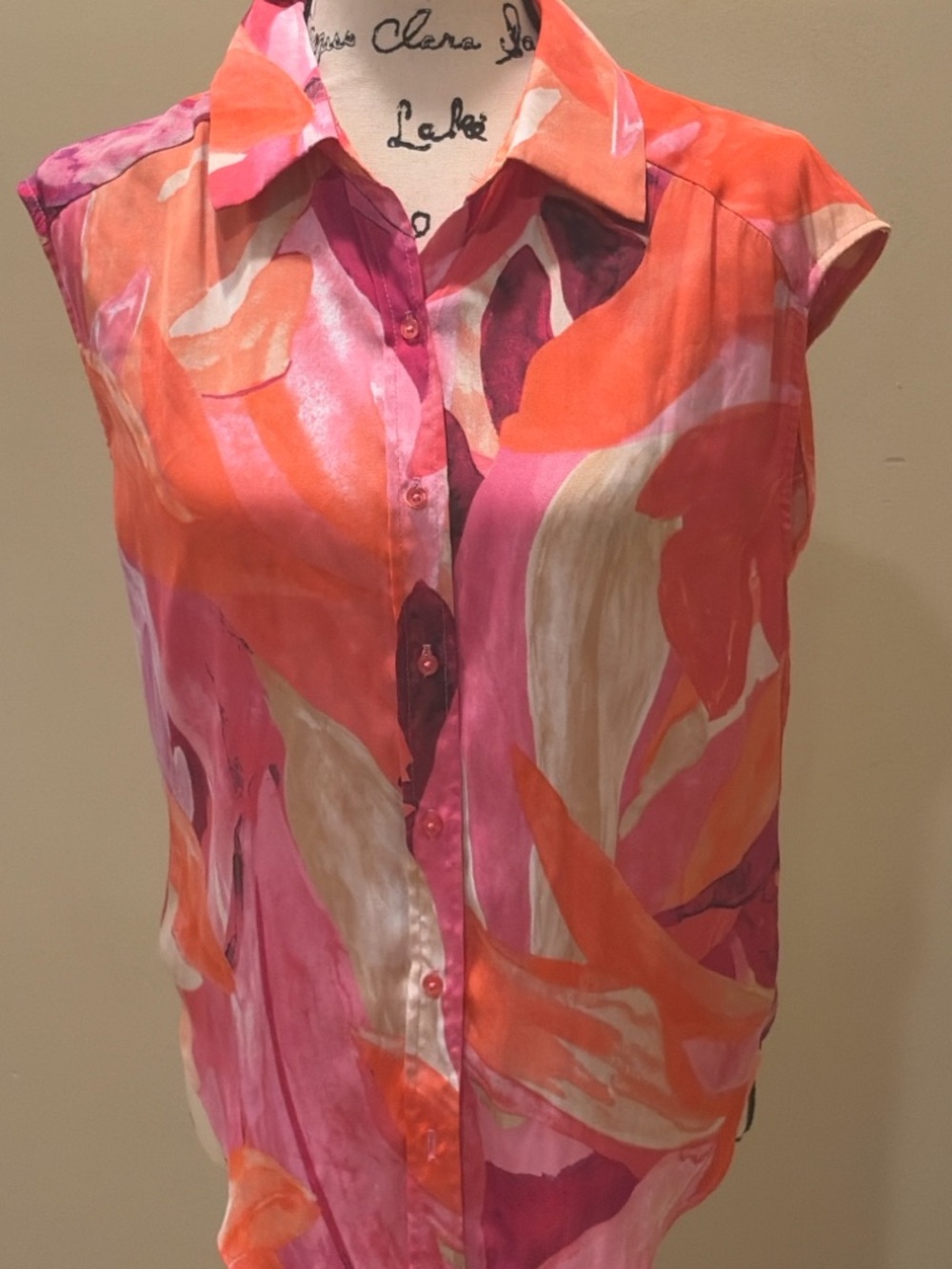 Maison D Amelie Abstract Print Blouse Sleeveless Button Front Pink Orange